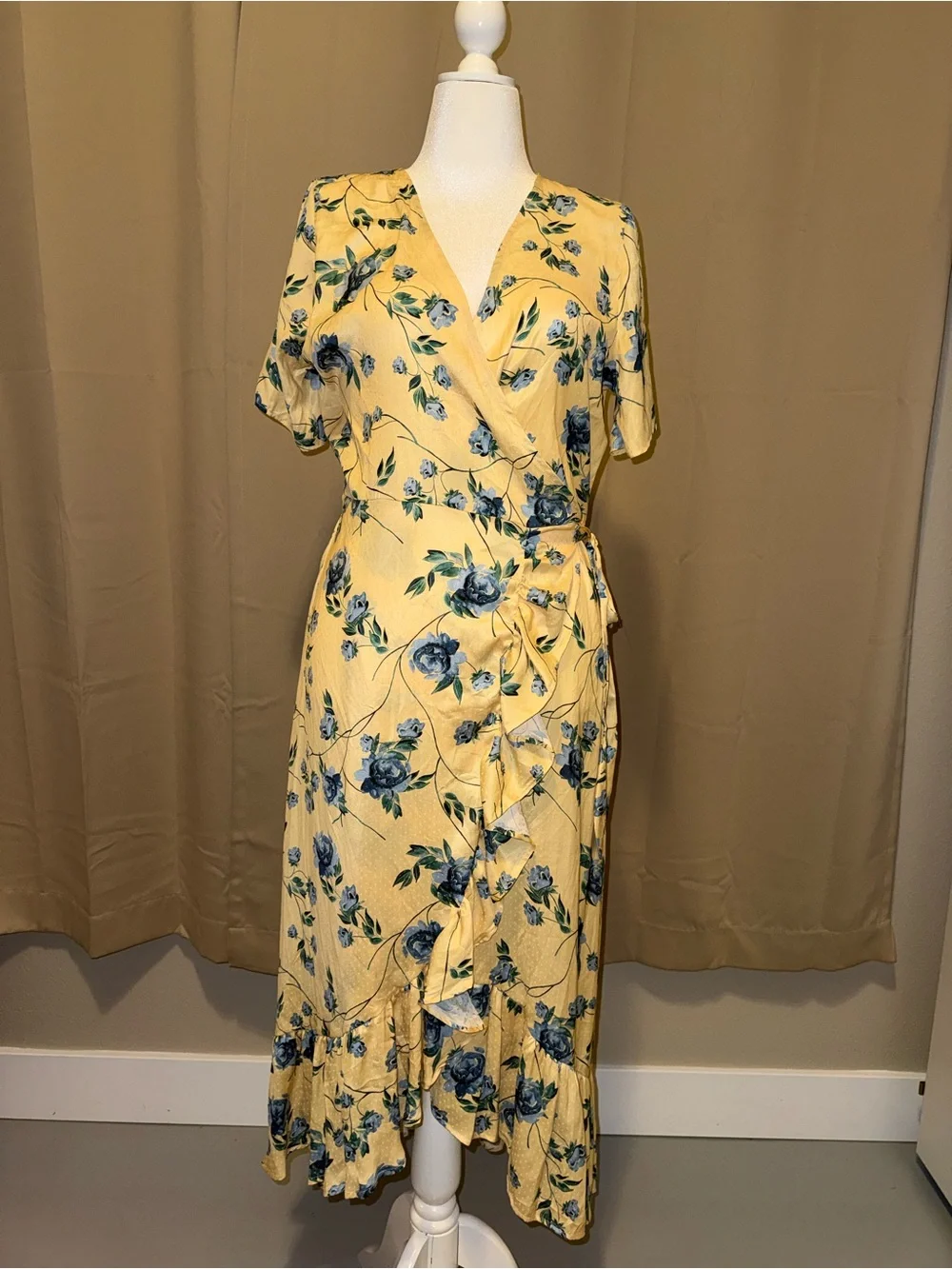 Yellow‎ Floral Wrap Midi Dress with Ruffle Detail